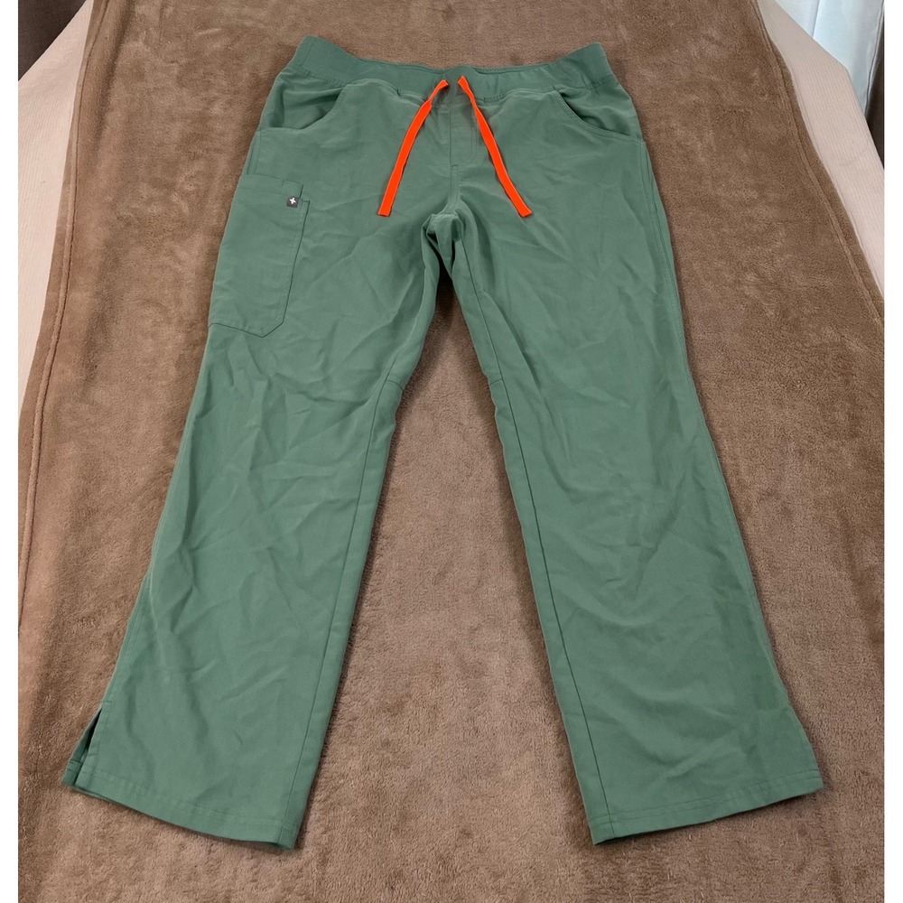 Figs Kade Scrub Pants Women's L/P Green Cargo Drawstrings Stretch Polyester EUC
